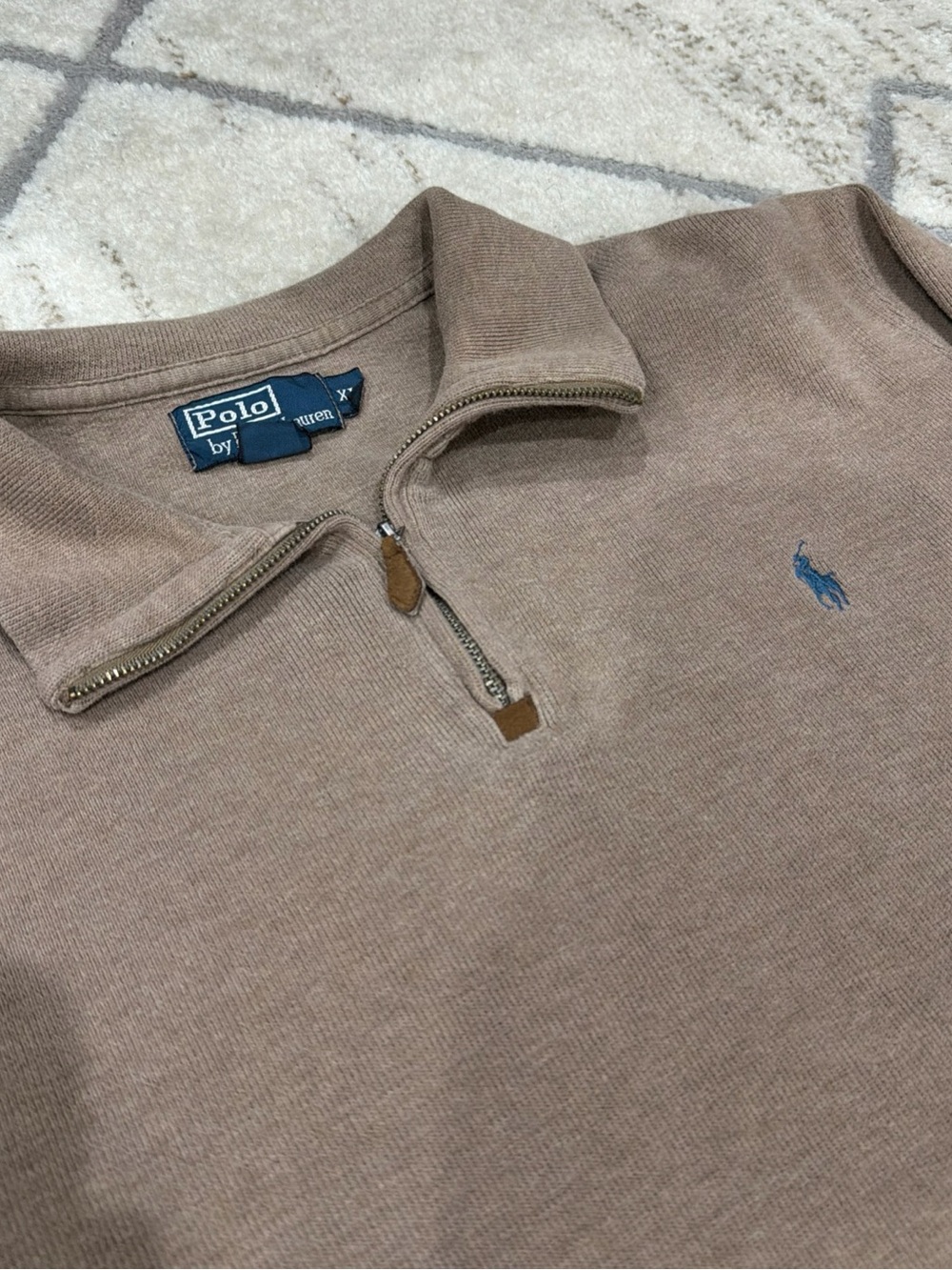 Polo Ralph Lauren Men's XL Beige Quarter Zip Pullover Blue Pony Cotton Sweater